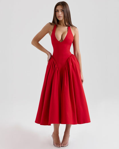 Halter Neck Plunging V Neck Dropped Waist Pleated Full Skirt Midi Dress