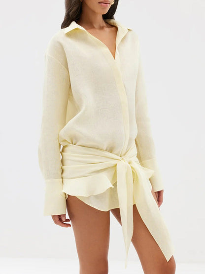 Pure Cotton Lapel Hip-hugging Shirts Mini&Short Dresses