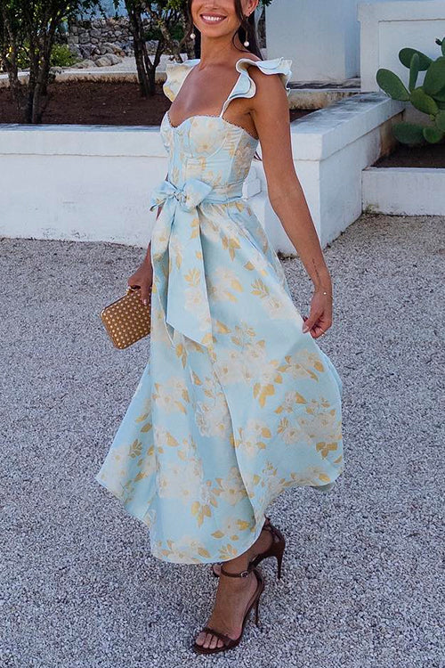 Margovil Ruffled Shoulder Bow Knot Waist Slit Printed Vintage Party Dress