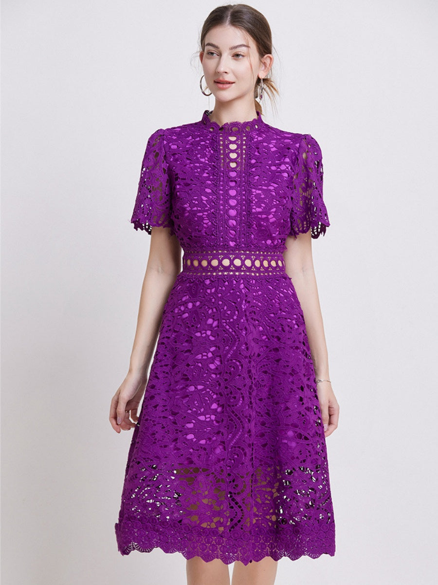 Lace Waist-cinching Hollow-out Midi Dress