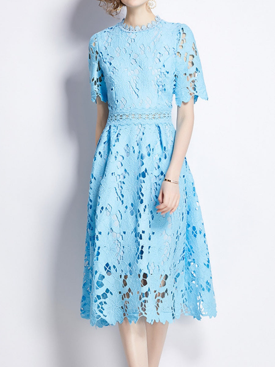 Water-soluble Lace Short-sleeved Slim-fit Midi Dress
