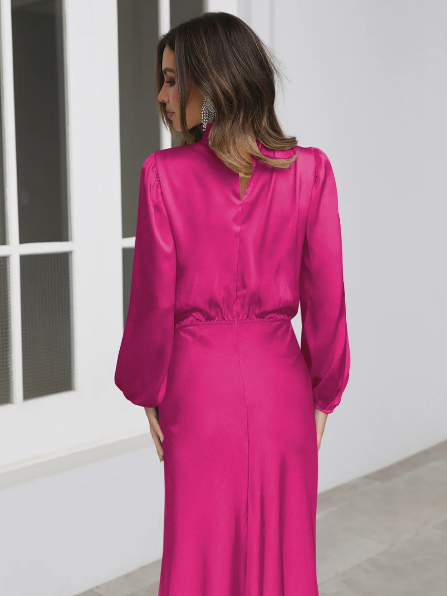 Satin Long Sleeve Zipper Solid Color Maxi Dresses