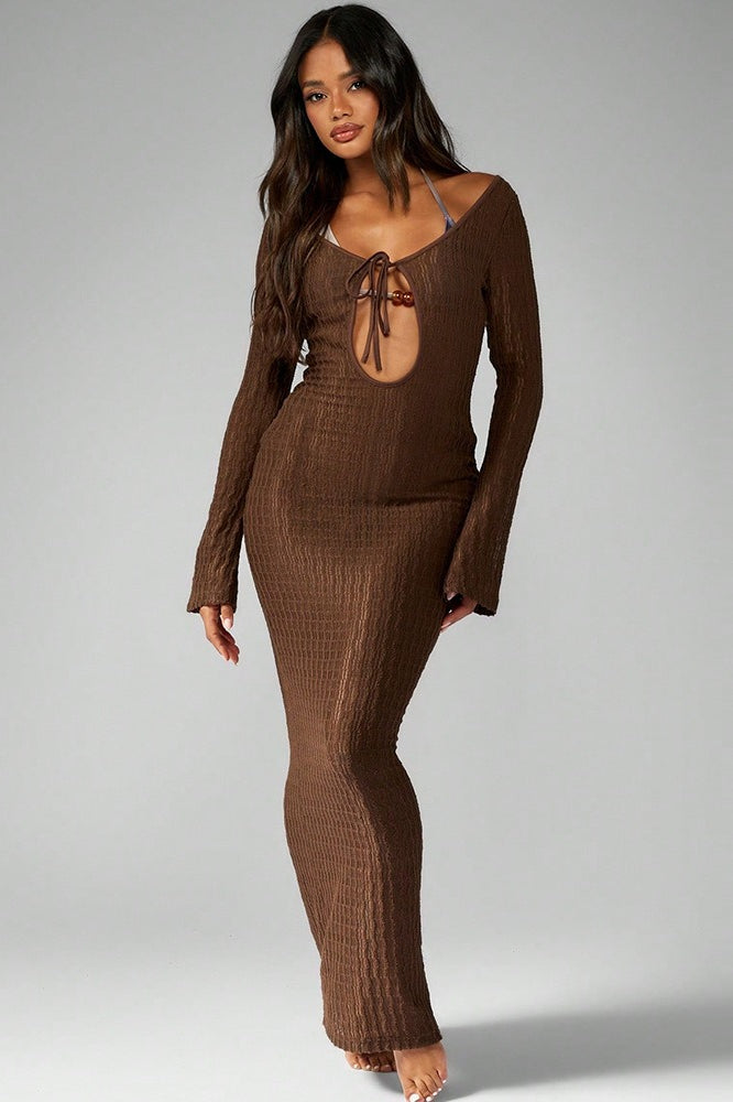 Scoop Neck Keyhole Tie Front Bell Cuff Crinkle Knit Bodycon Maxi Dress