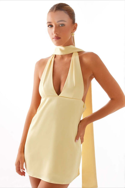 Satin Halter Scarf Tie Deep V-Neck Open Side Backless Mini Dress