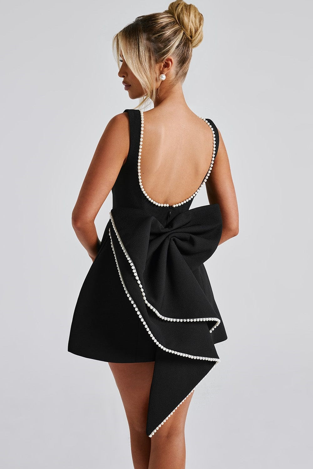 Pearl Trim Deep Scoop Back Oversized Bow Mini Dress