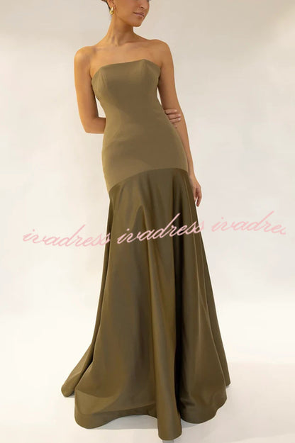 Timeless Elegance Satin Patchwork Strapless Flare Gown Maxi Dress