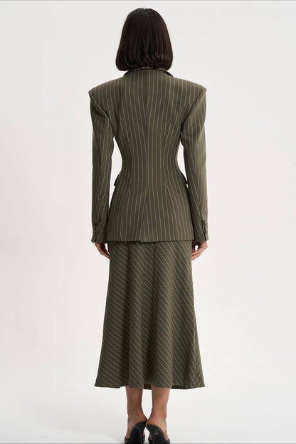 Structured Flowing Striped Fitted Two Piece Blazer Skirt Set