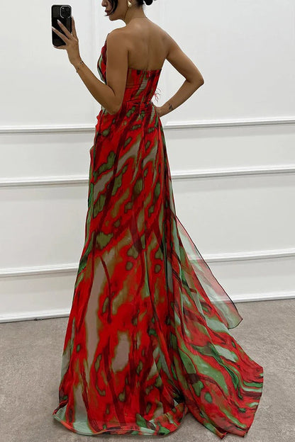 One-Shoulder Ruched Feather Floral Accent Marble Print High-Slit Maxi Gown