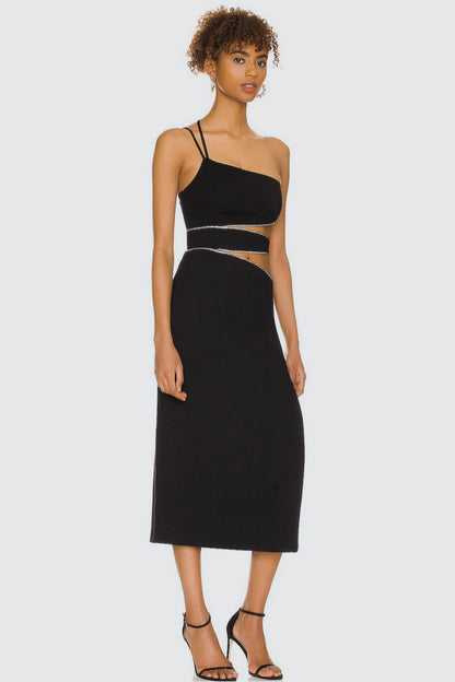Asymmetric Spaghetti Strap Rhinestone Trim Waist Cutout Side Slit Midi Dress