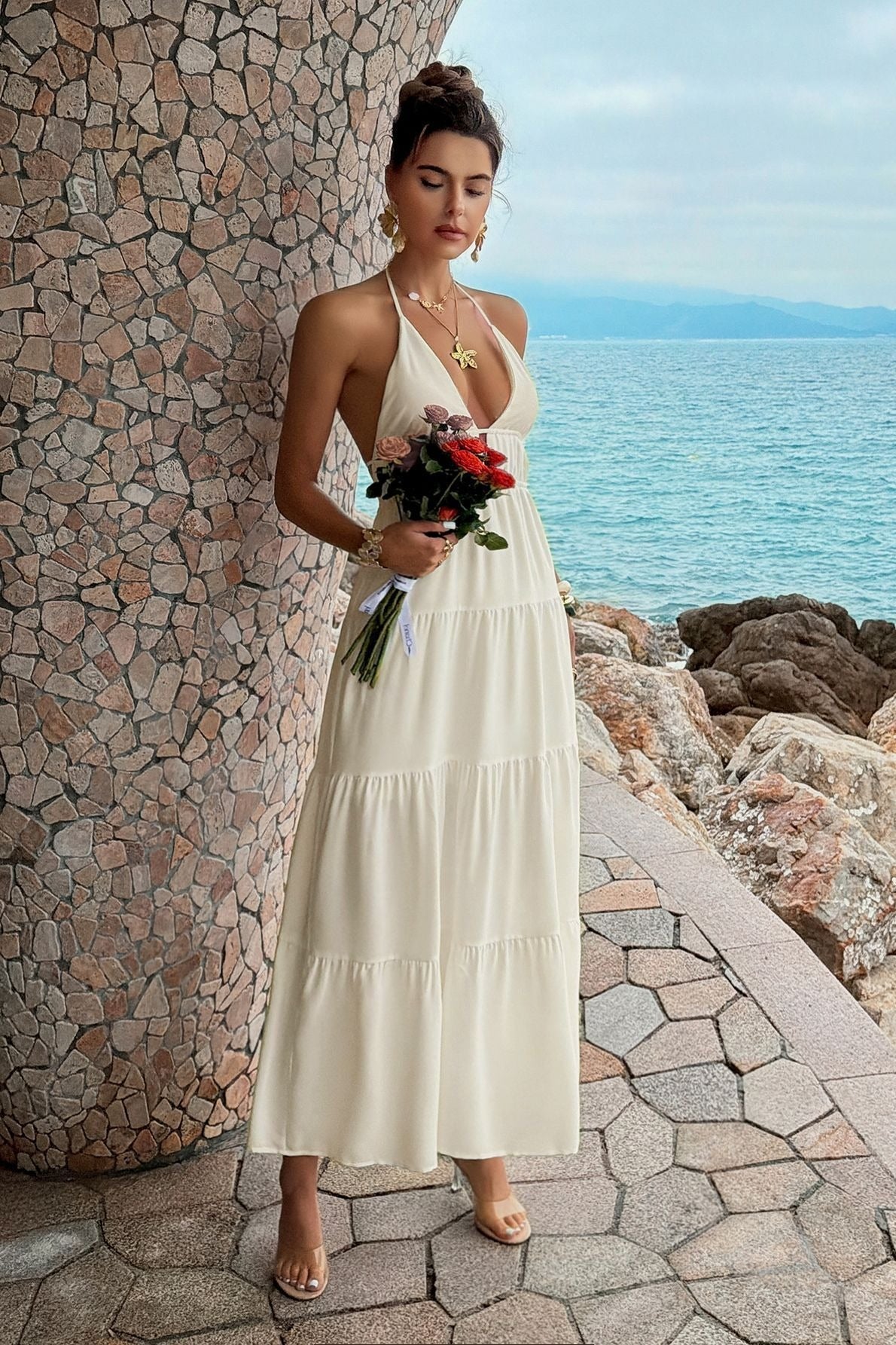 Halter Deep V Neck Smocked Waist Tiered Maxi Dress