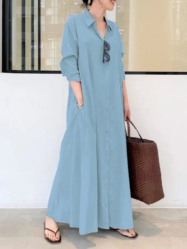 Oversized Button-Front Collared Long Sleeve Pocket Shirt Maxi Dress