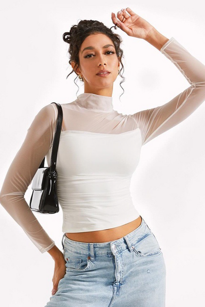 Solid Mock Neck Mesh Paneled Sexy Crop Top