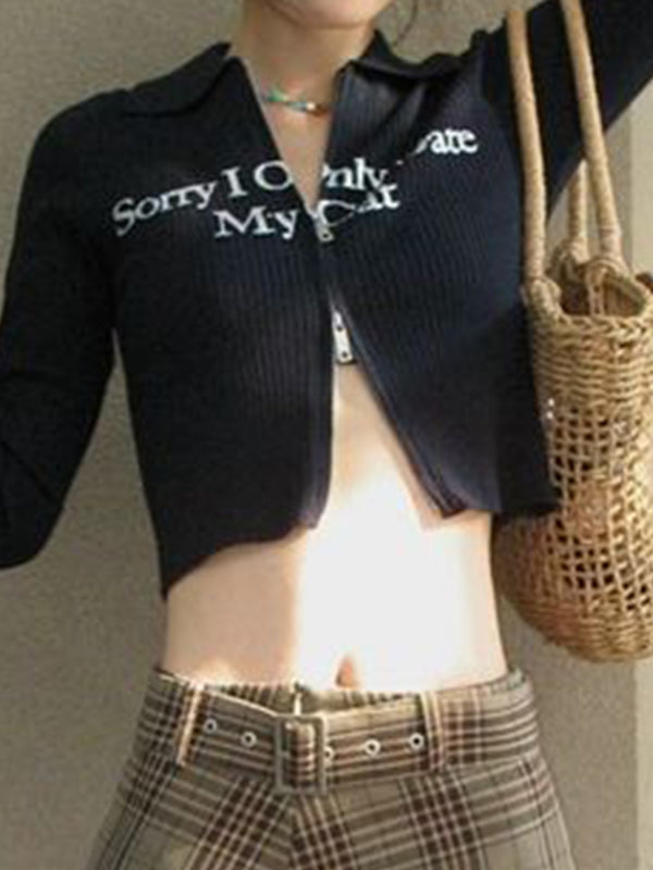 Letter Print Double Zipper Crop Cardigan