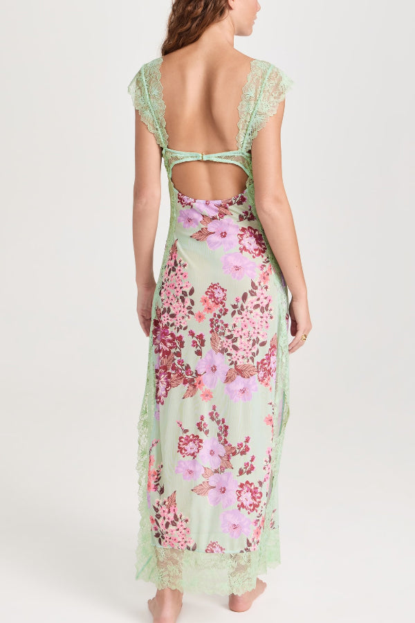 Floral Print Lace Patchwork Hollow-out Slim-fit Midi Dress