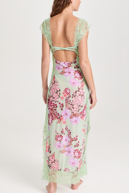 Floral Print Lace Patchwork Hollow-out Slim-fit Midi Dress