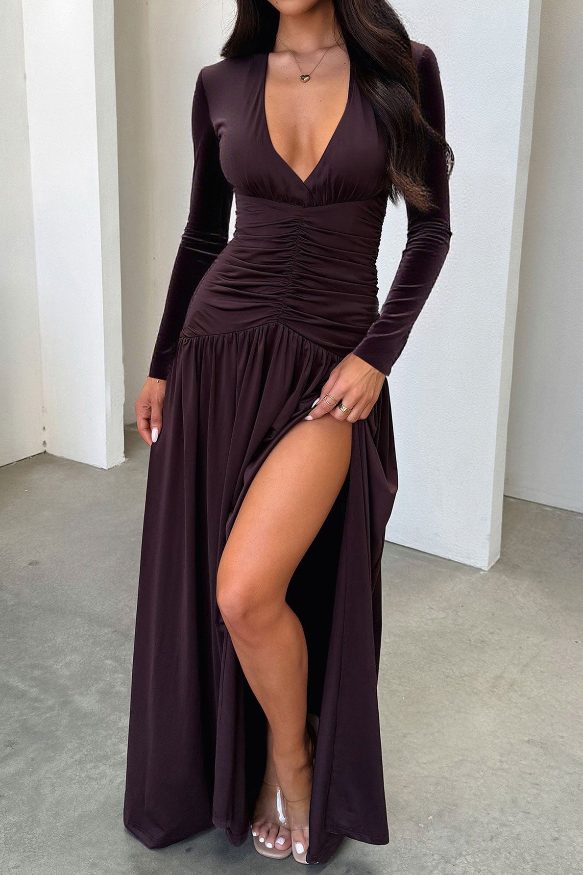 | Deep V Ruched Long Sleeve Slit Fitted Waist Maxi Dress