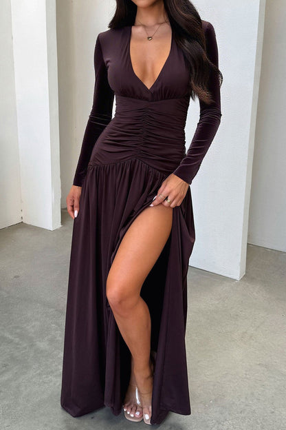 | Deep V Ruched Long Sleeve Slit Fitted Waist Maxi Dress