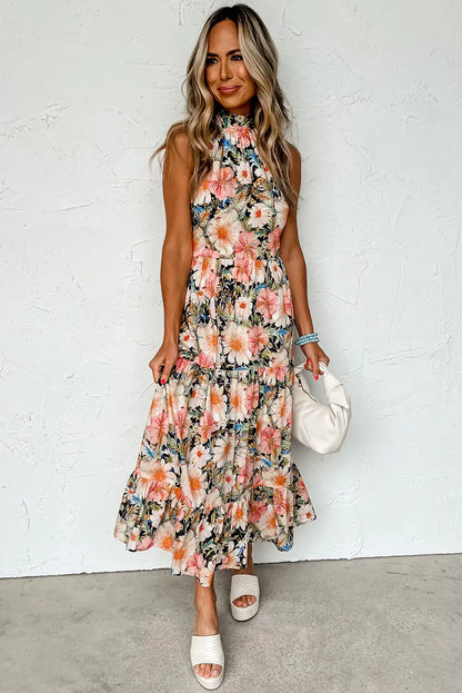 boho floral halter maxi dress in black