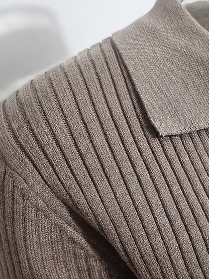 Solid Color Ribbed Polo Neck Sweater