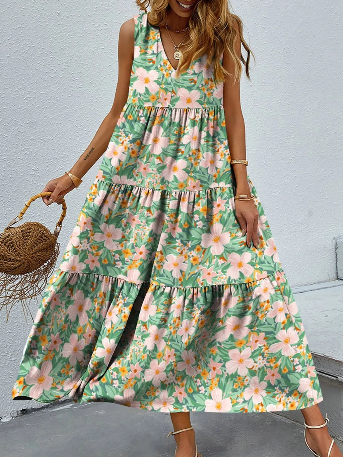 Abstract Floral Print Tiered V-Neck Sleeveless Maxi Dress