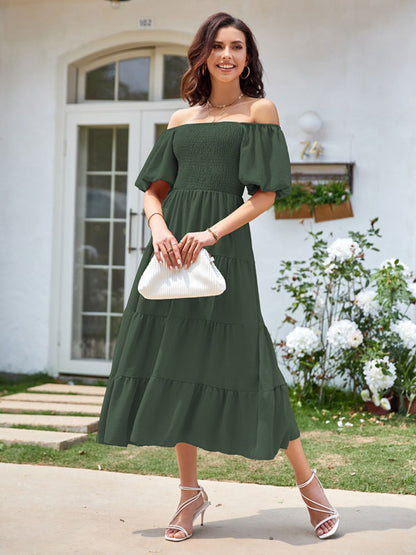 Summer Midi Dress Pink Bateau Neck Pleated Beach Dress