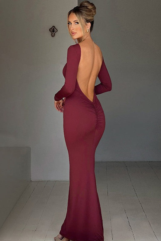Backless Long Sleeve Ruched Mermaid Formal Gown