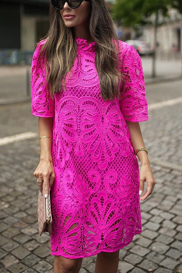 Guipure Lace Hollow-Out Mock Neck Scalloped Hem Shift Mini Dress
