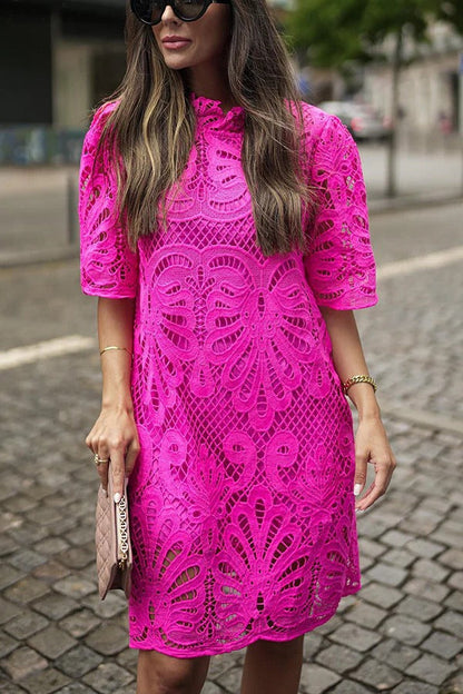 Guipure Lace Hollow-Out Mock Neck Scalloped Hem Shift Mini Dress