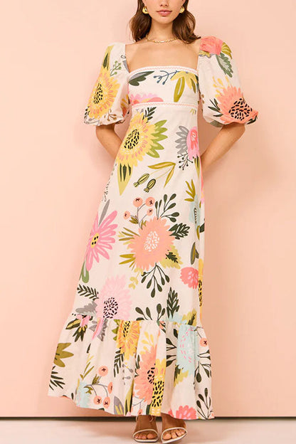 Square Collar Puff Sleeves Floral Print Cotton Linen Ruffle Maxi Dress