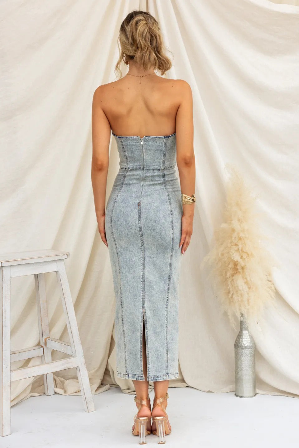 Strapless Patchwork Denim Dress
