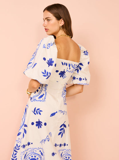 Square Neck Puff Sleeve Ruffled Hem Coastal Graphic Print Maxi Dress