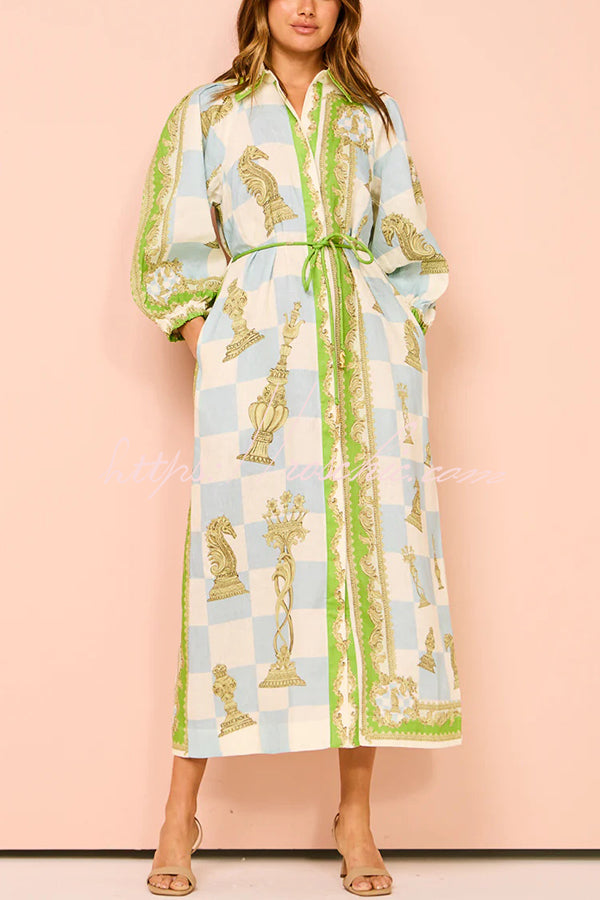 Unique Printed Long Sleeve Drawstring Pocket Shirt Midi Dress