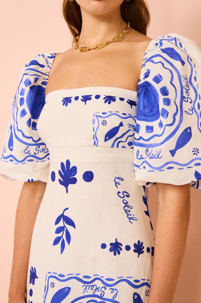 Square Neck Puff Sleeve Ruffled Hem Coastal Graphic Print Maxi Dress