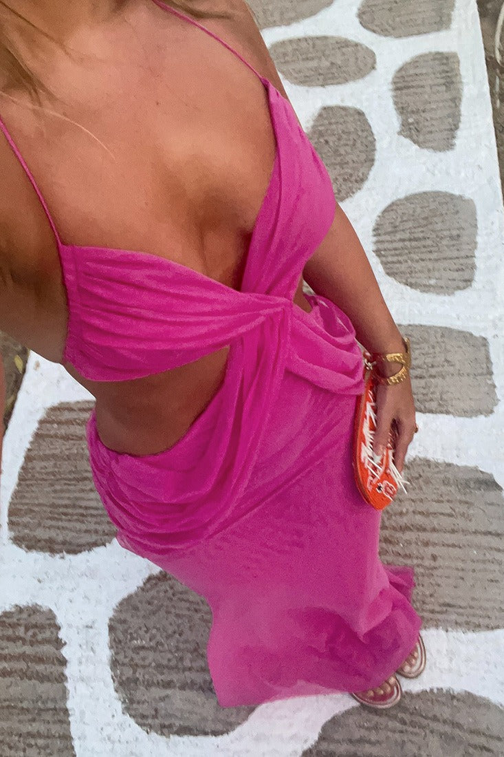 | Sheer Halter Tie Waist Cutout Maxi Dress
