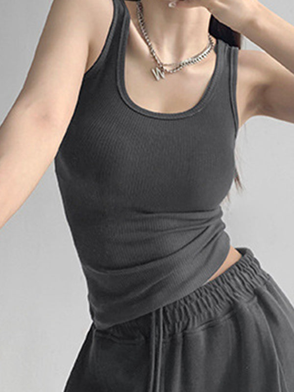 High Elasticity Solid U Neck Slim Tank Top
