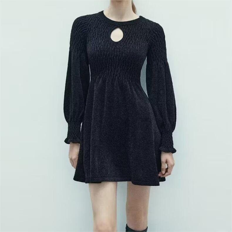 Hollow Out Cutout Thick Dress: Long Sleeve Fall Winter Inner Wear Midi Dress