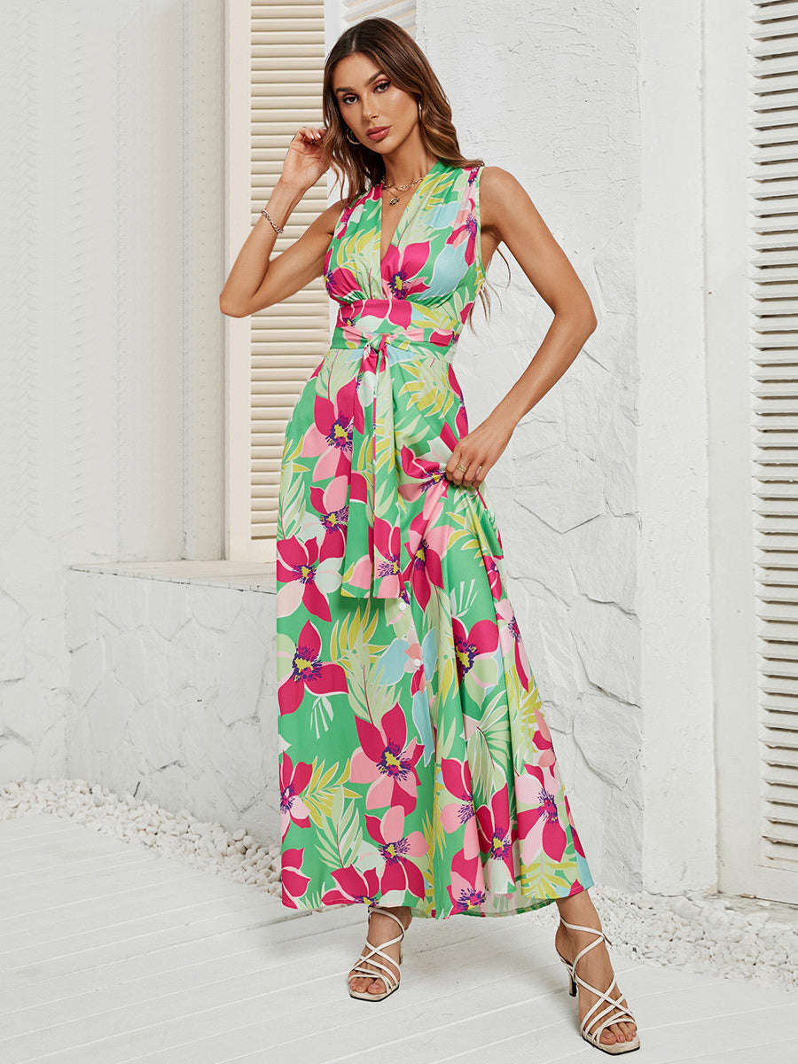 Maxi Dress Allover Floral V-Neck Belted Sleeveless Asymmetrical Long Dresses