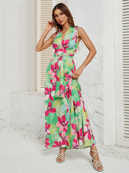 Maxi Dress Allover Floral V-Neck Belted Sleeveless Asymmetrical Long Dresses