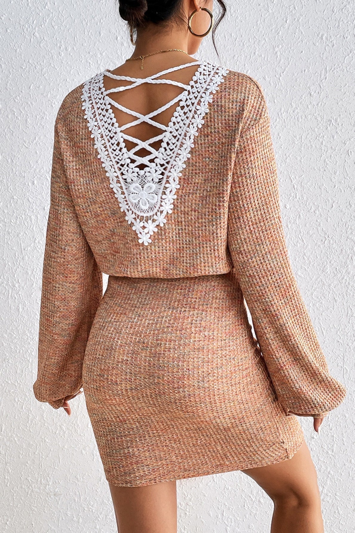 Waffle Knit Deep V-Neck Long Sleeve Crop Top and Bodycon Mini Skirt Set