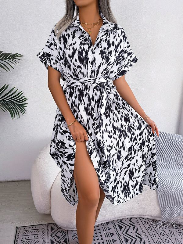 Loose Short Sleeves Leopard Ribbed Lapel Midi Dresses