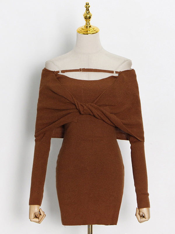 White Bodycon Dress Foldover Long Sleeves Twisted-Front Pencil Mini Dresses