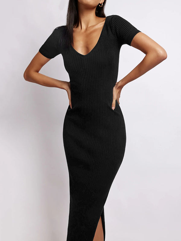Short Sleeves Skinny Solid Color Split-Side Round-Neck Midi Dresses