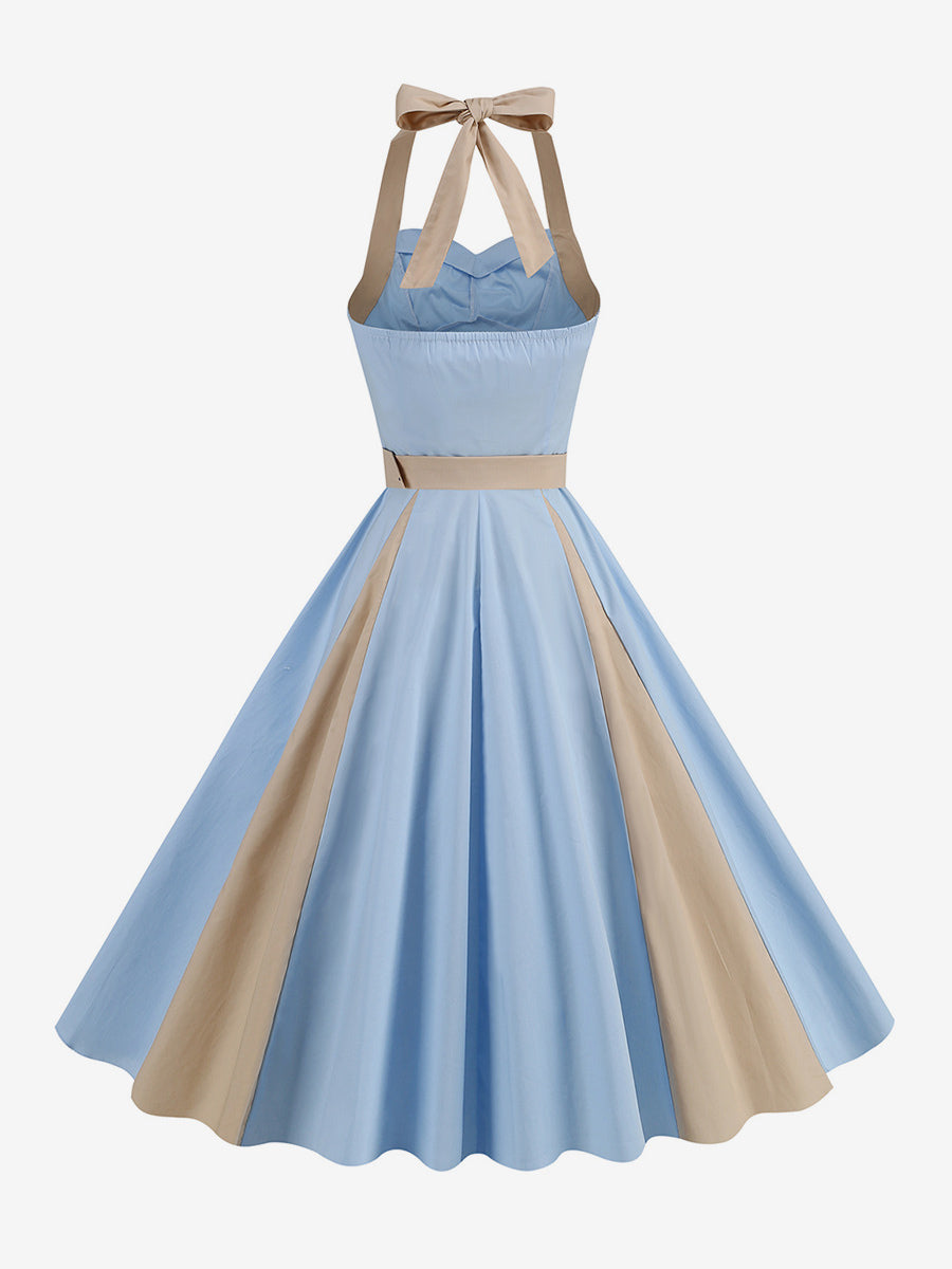 Retro Dress Halter Pleated Ring Detail Two-Tone A-Line Midi Dress