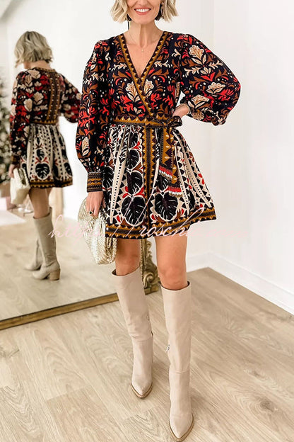 Fashion-forward Exotic Floral Print Lantern Sleeve Belted Mini Dress