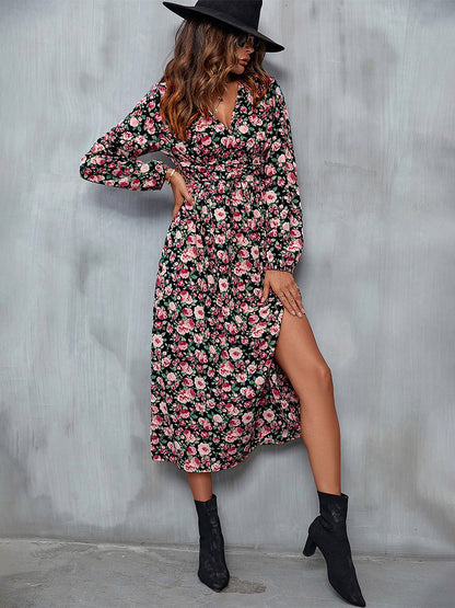 Floral Midi Dress V-Neck Balloon Sleeves High Slit Refined Dresses