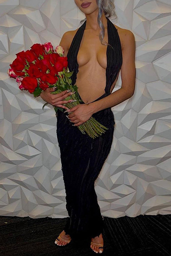Wavy Pattern Sexy Wrap-Breast Strappy Maxi Dress