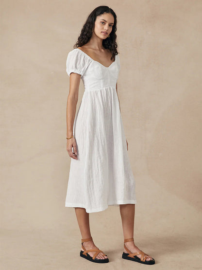 Boho Dress Bateau Neck Short Sleeves Pleated Summer Casual Midi Dresses