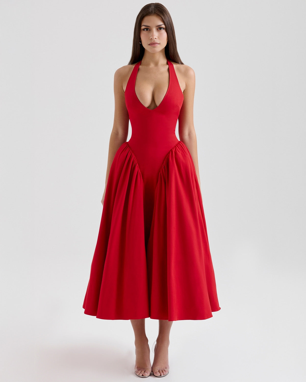 Halter Deep V Drop Waist Gathered Pleated Midi Dress