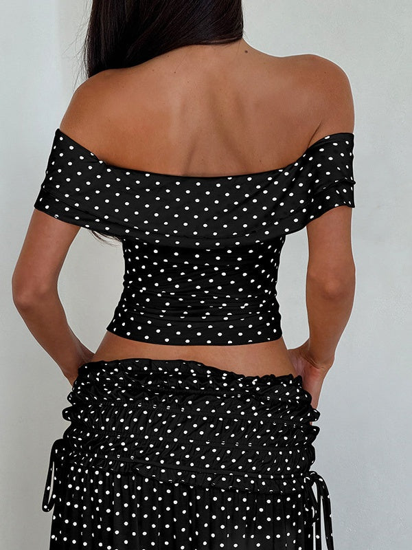 Two-piece Set: Raglan Strapless Top With Polka Dot Side Bow And Long Skirt