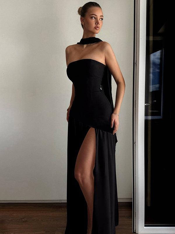 Strapless, Fitted, Solid Color, Open Back, Elegant Long Dress With Ribbons